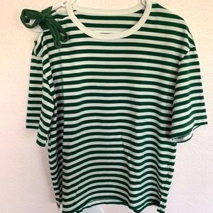 Green Striped Tee with Shoulder Bow Detail
